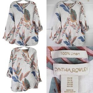 Cynthia Rowley Tunic Shirt Popover Womens 1X XL White Linen Button LS Tropical